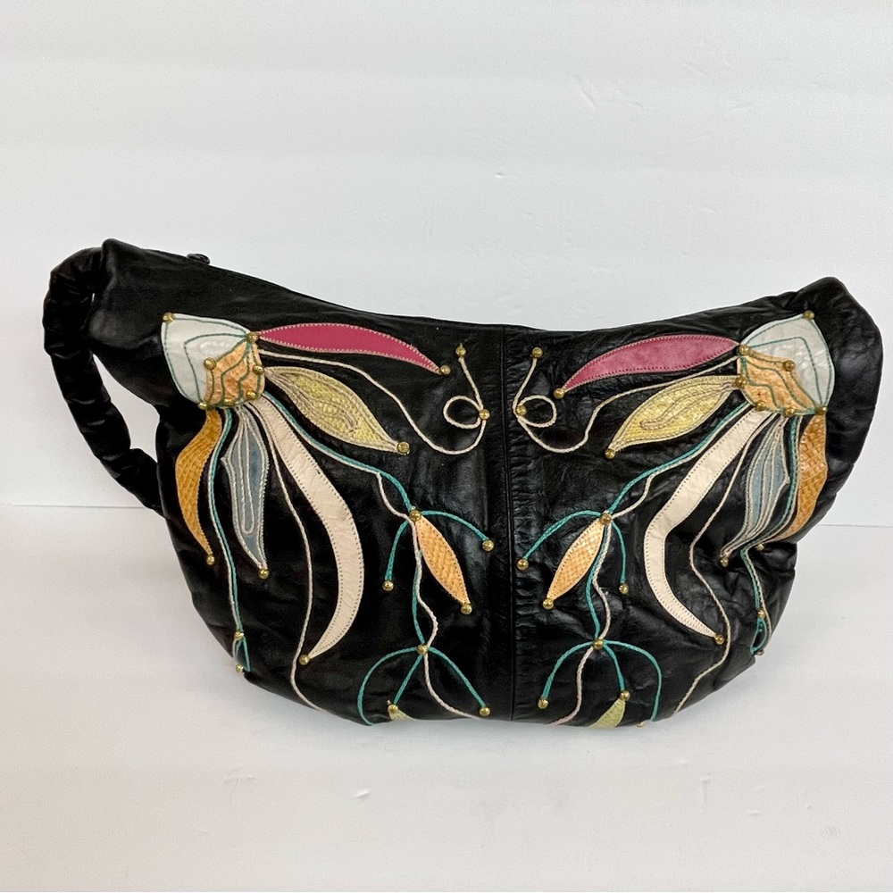 Vintage Black Hobo Bag with Floral Embroidery